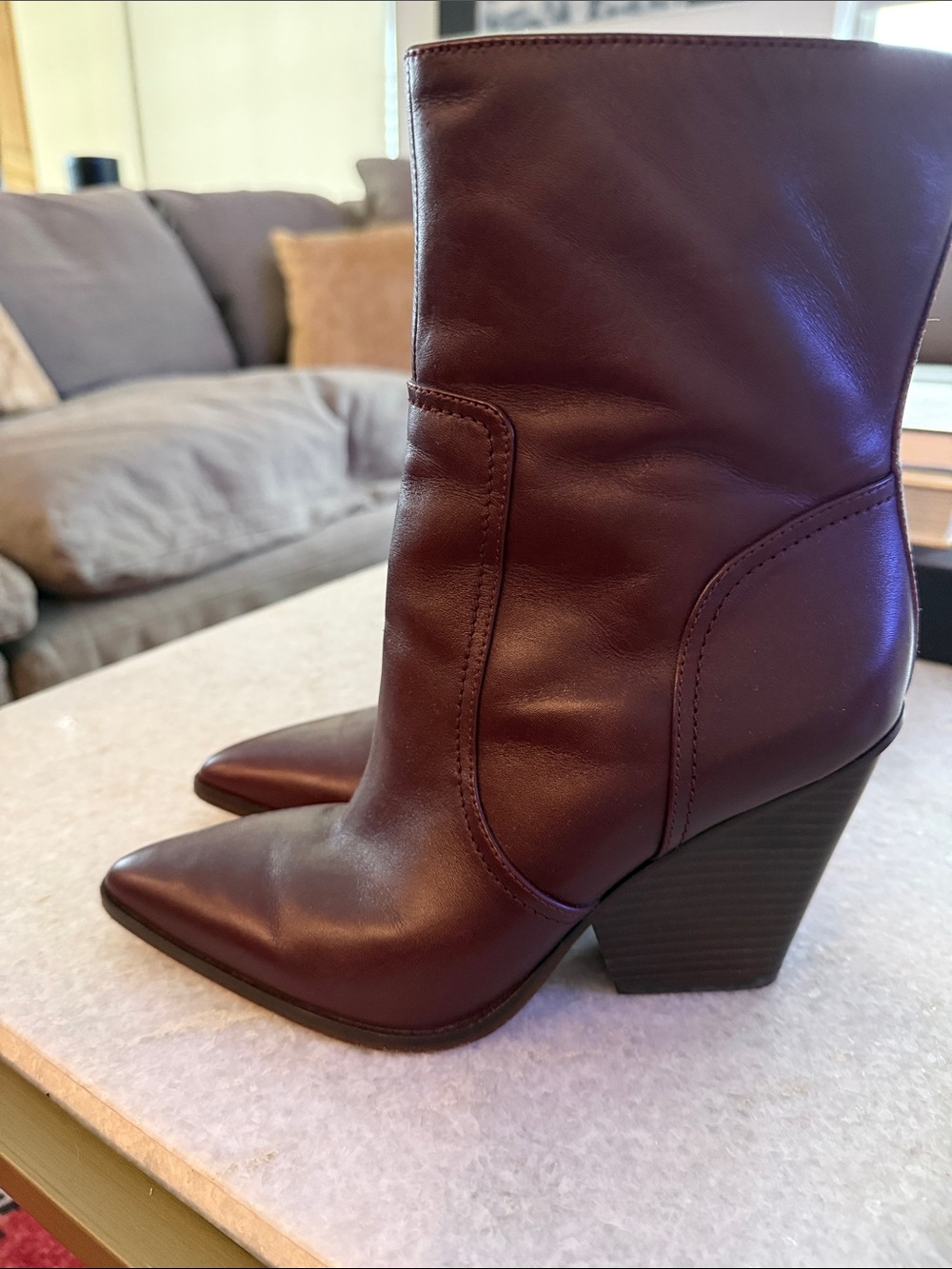 Veronica Beard Burgundy Pointed-Toe Leather Mid-Calf Boots - Picture 3 of 9